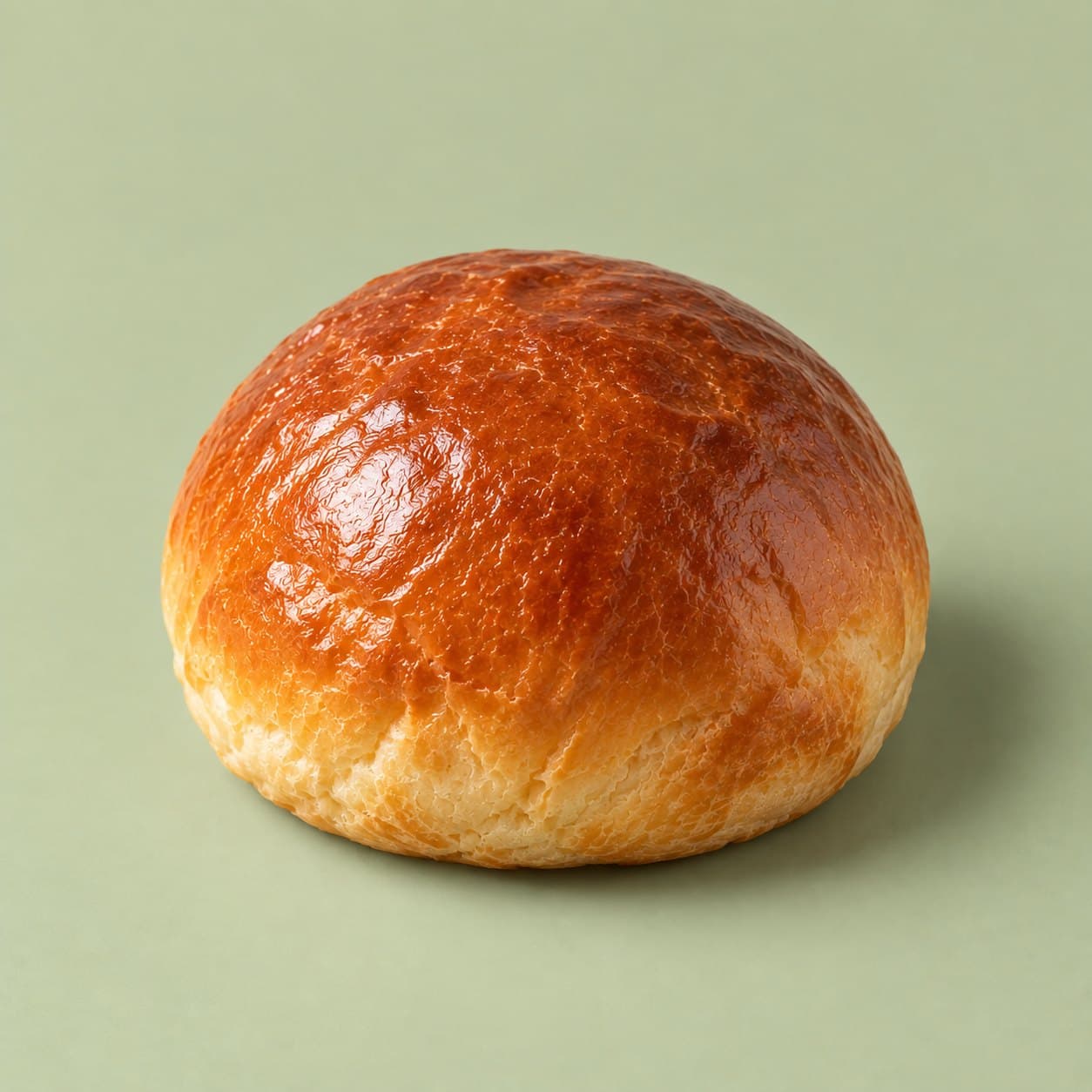 A single glossy golden brioche bun from bōm dough on a pale green background.