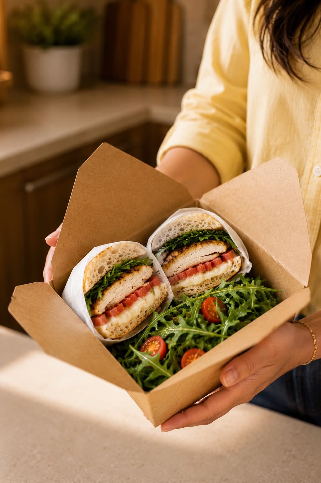 A bōm dough catering box held in two hands — grilled chicken sandwiches on the Cheese Dough with a fresh arugula and tomato salad, packed for office catering in Cambridge.