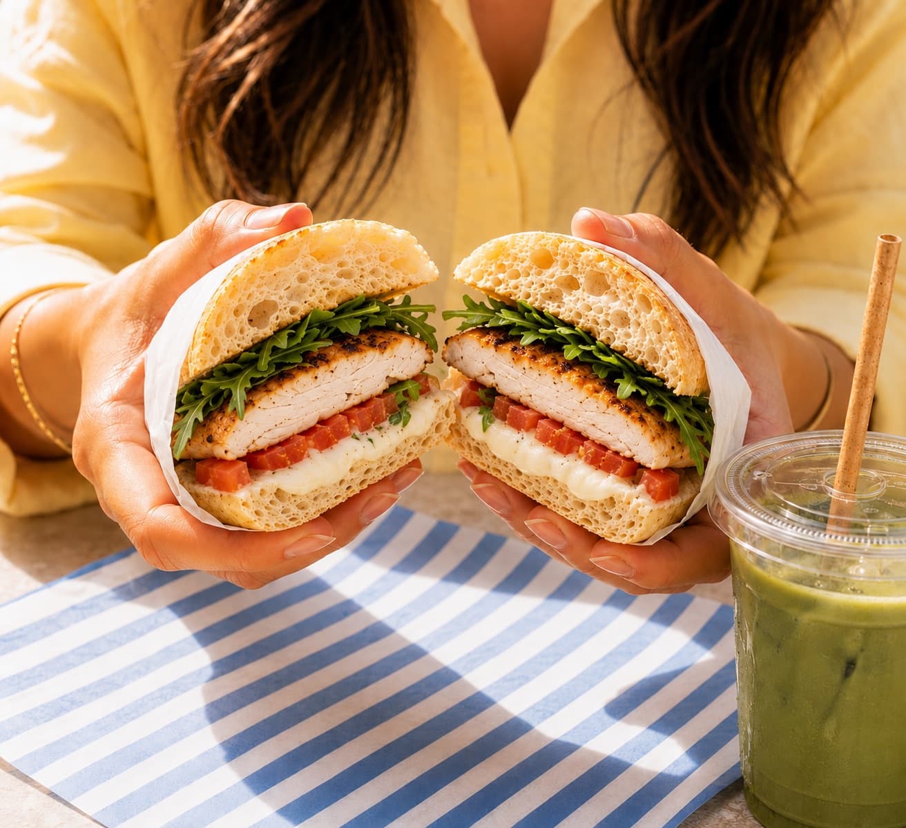Hands holding a halved bōm dough breakfast sandwich — grilled chicken, arugula, tomato, and fresh mozzarella on a warm Cheese Dough bun — with an iced matcha on a striped napkin.