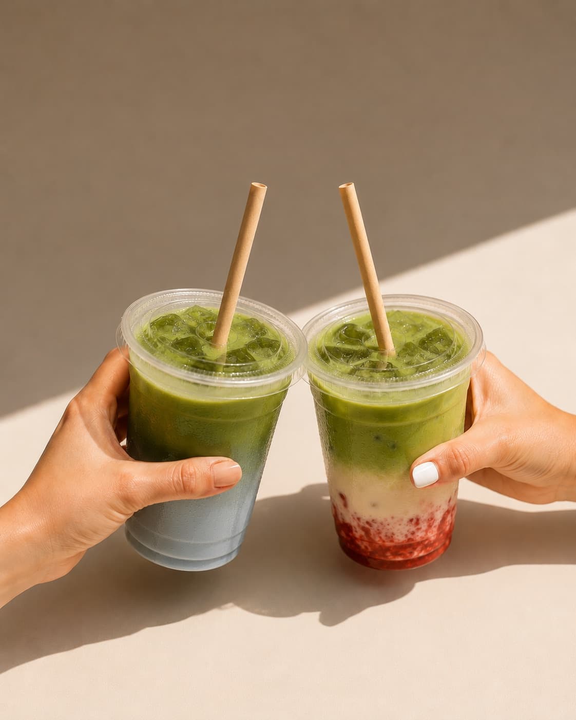 Two iced matchas from bōm dough held in the sun — a classic green matcha and a Strawberry Jam matcha layered with real strawberry — in Cambridge, MA.