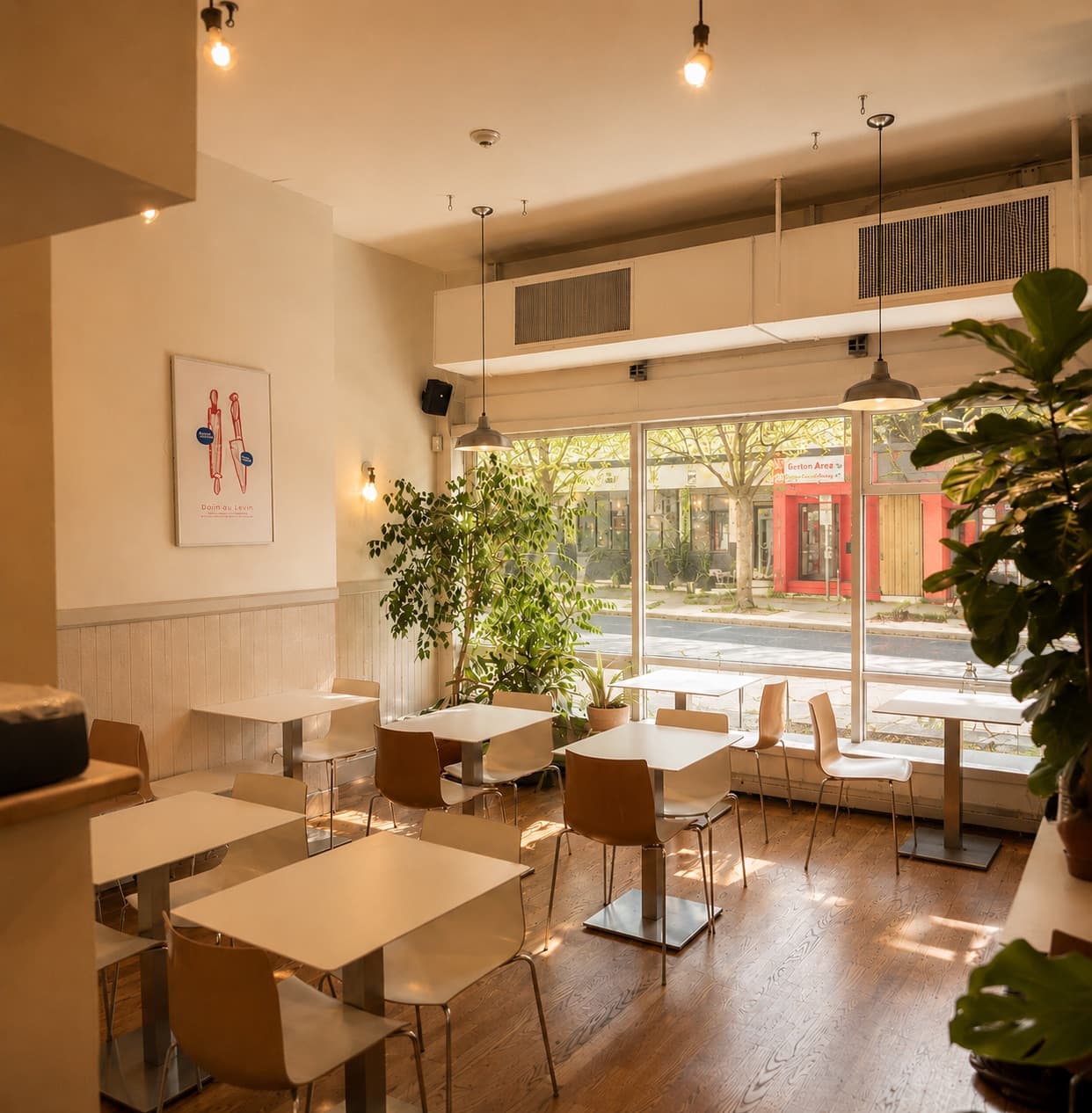 Sunlit interior seating at bōm dough Inman Square — white café tables and wood chairs by big front windows, leafy plants, and warm wood floors on Cambridge Street.