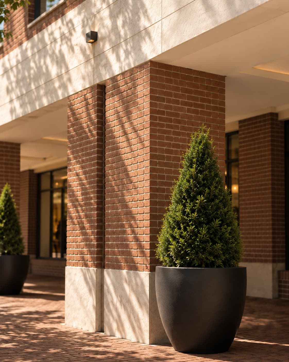 Outside bōm dough Lechmere at 1 Canal Park, Cambridge Crossing — a sunlit brick colonnade with a topiary in a black planter, near Kendall Square in Cambridge, MA.