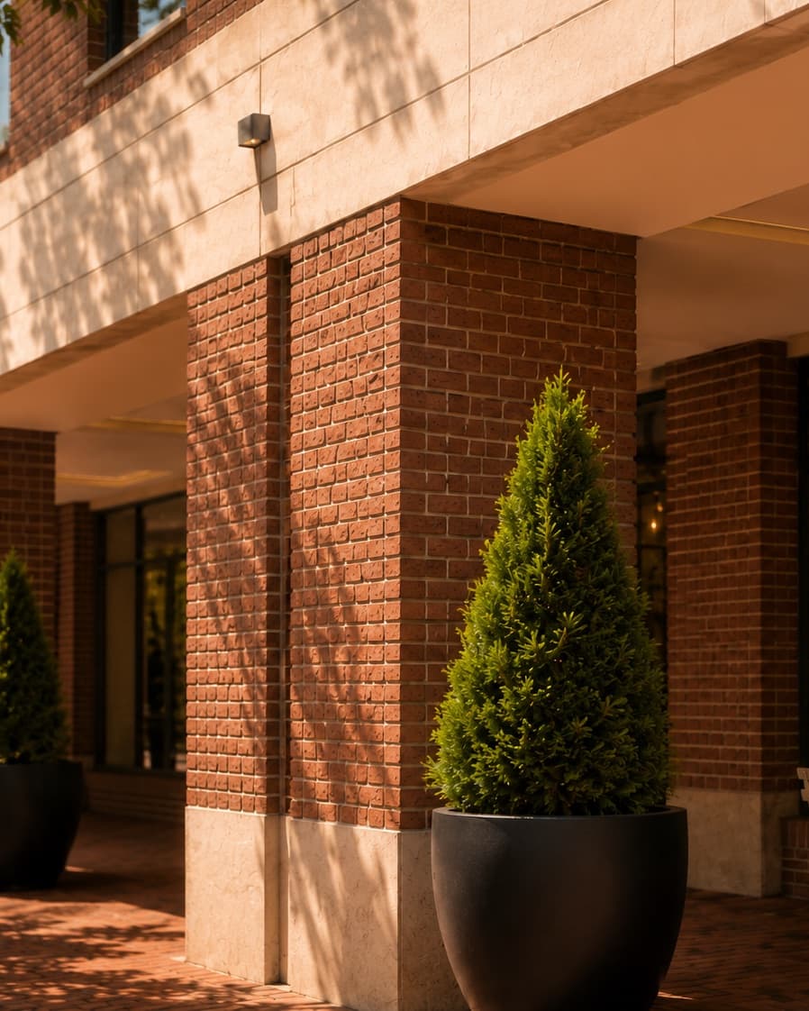 The bōm dough Lechmere café at 1 Canal Park, Cambridge Crossing — a sunlit brick colonnade with topiaries in black planters and sidewalk café tables at golden hour.