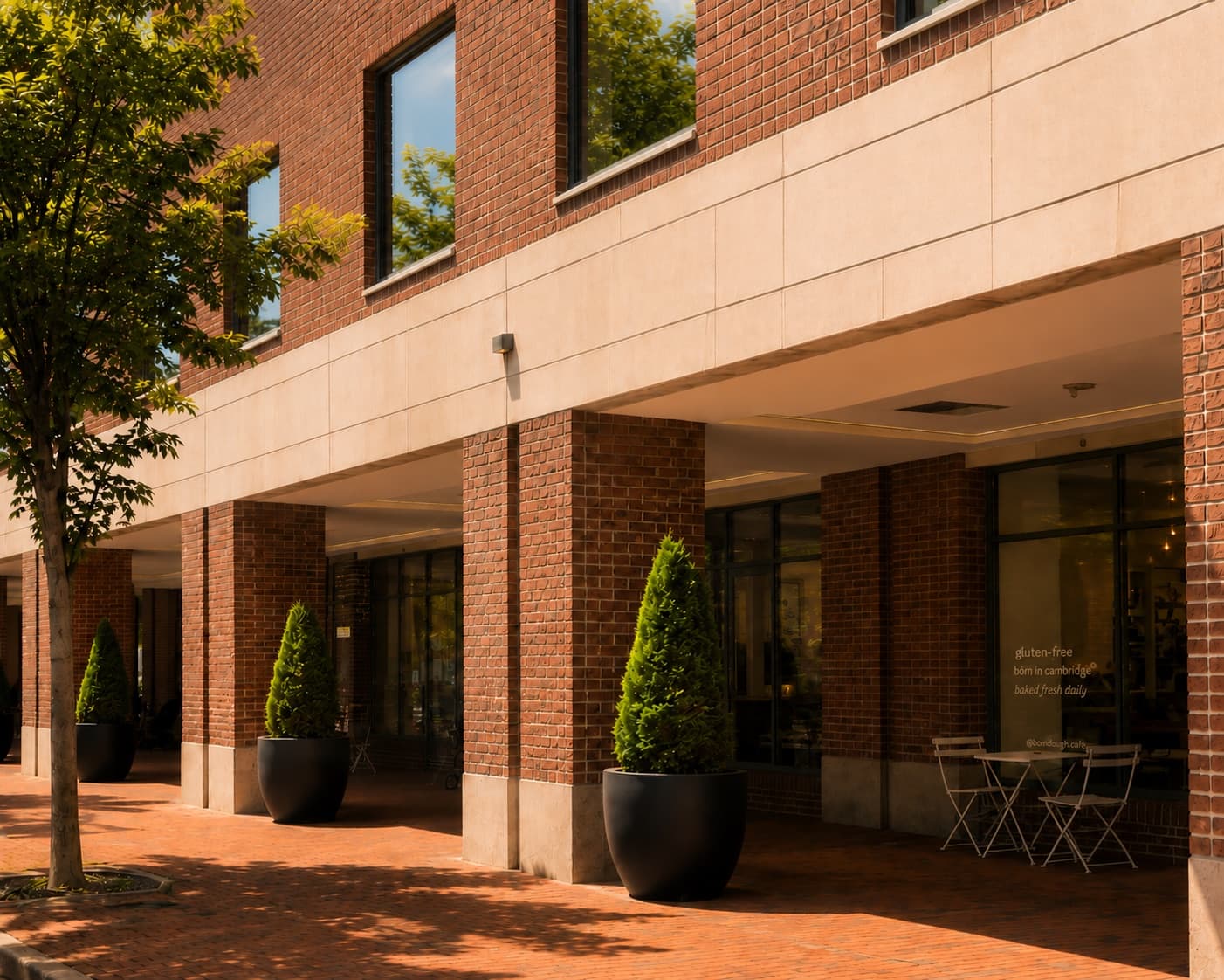 The bōm dough Lechmere café exterior at 1 Canal Park in Cambridge Crossing — a brick colonnade with potted topiaries and sidewalk café tables in the sun.