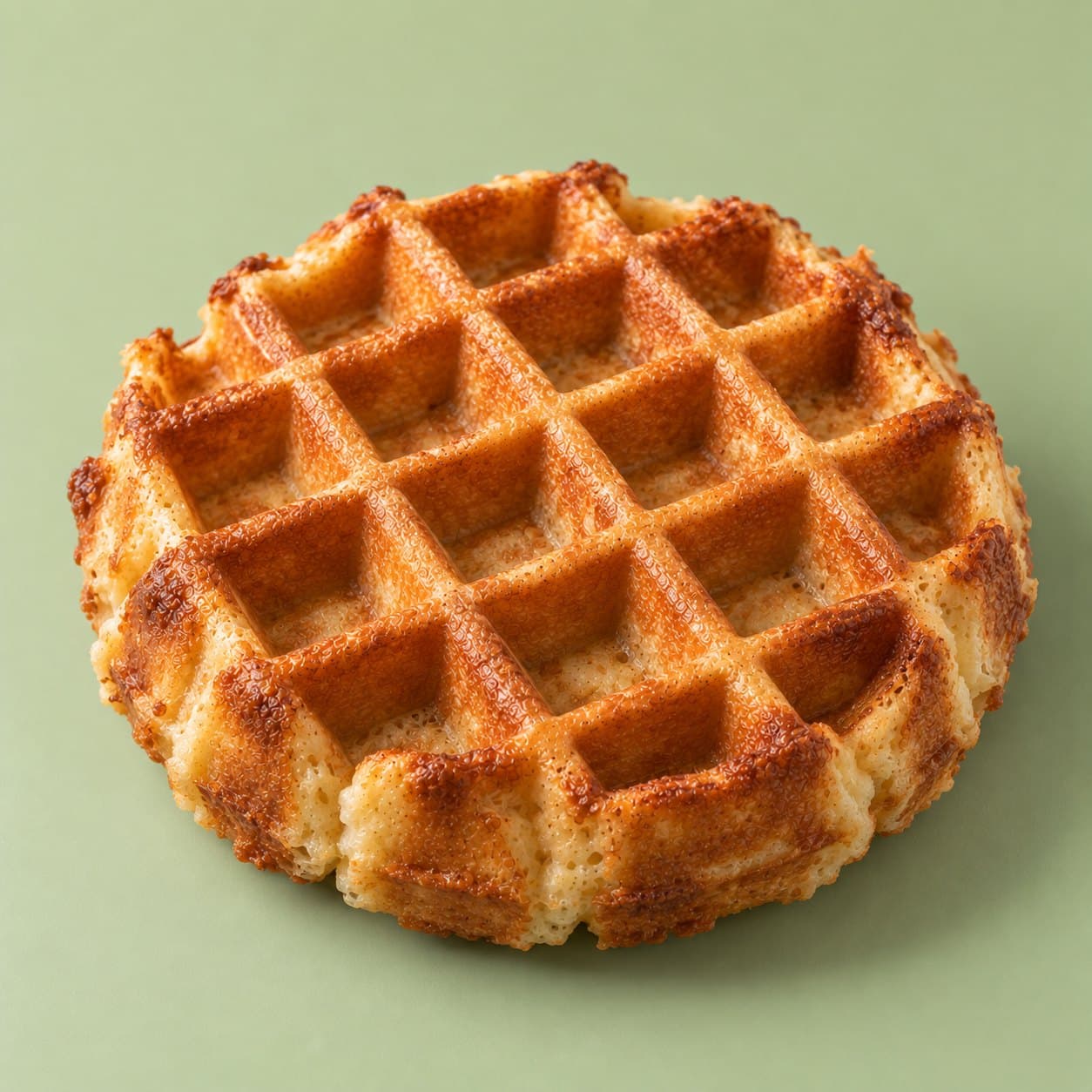 A whole golden bōm dough mochi waffle with a deep crisp grid, on a pale green background.