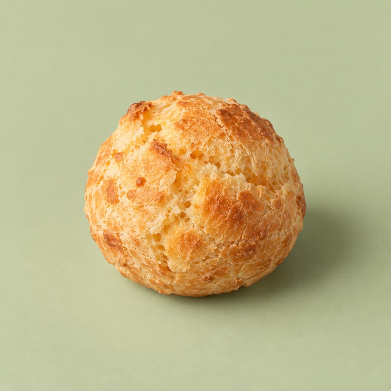 A single golden bōm dough pão de queijo — Brazilian cheese bread — on a pale green background.