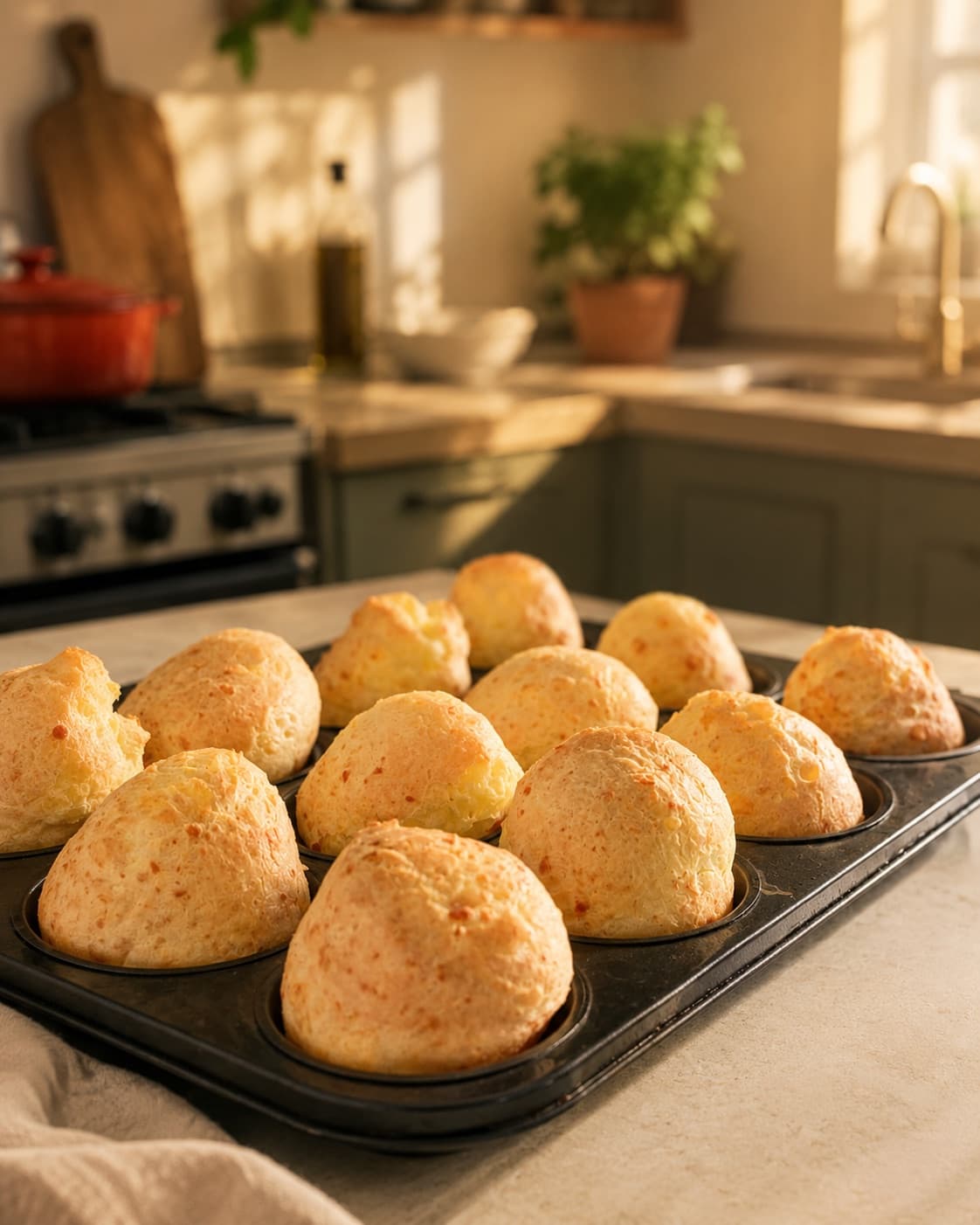 A tray of freshly baked bōm dough pão de queijo — golden, puffed gluten-free cheese bread in a muffin pan, in a sunny kitchen.