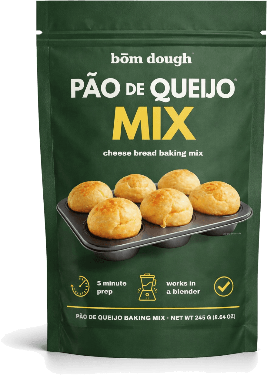 The bōm dough Pão de Queijo Mix — green pouch, cheese bread baking mix, 245 g. 5-minute prep, works in a blender.