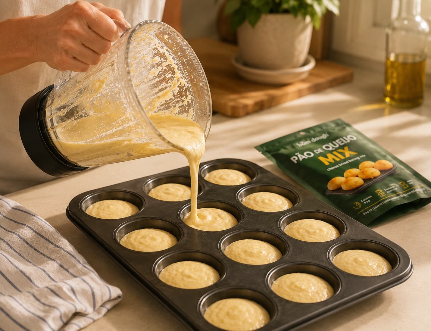Pouring bōm dough Pão de Queijo Mix batter from a blender into a 12-cup muffin pan, with the gluten-free cheese bread mix bag alongside — the easy at-home recipe in progress.