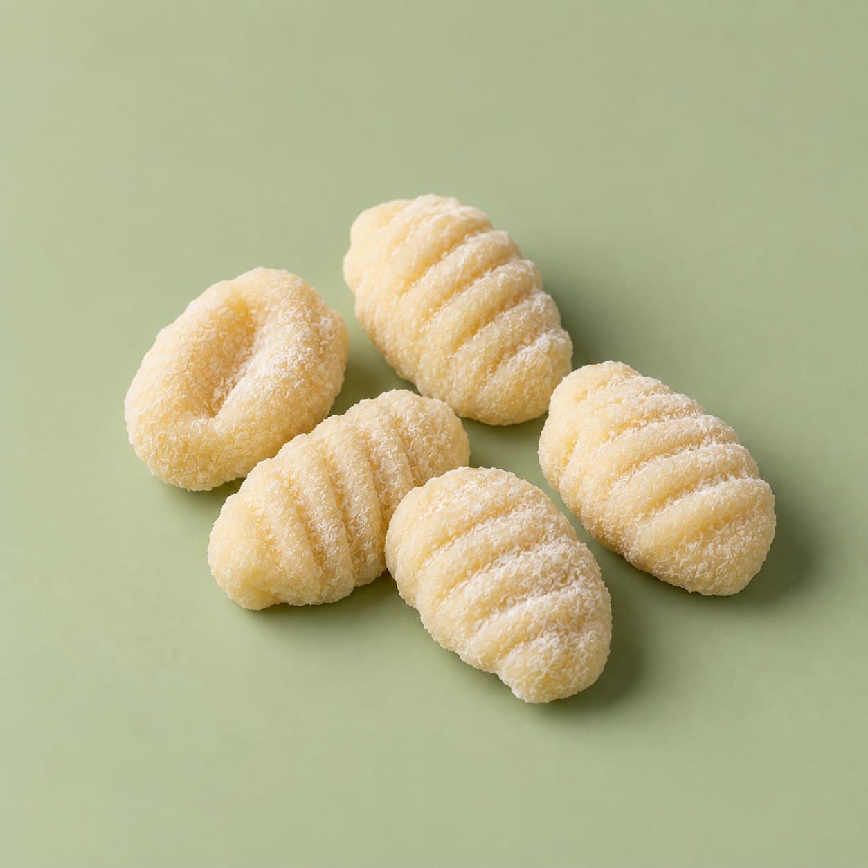 Five ridged potato gnocchi dusted with flour on a pale green background.