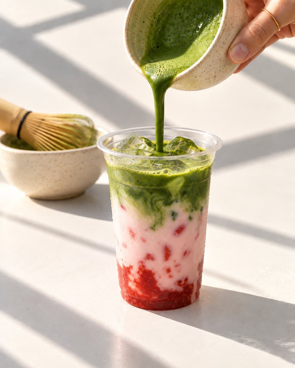 Iced strawberry matcha latte at bōm dough in Cambridge, MA — ceremonial matcha poured over milk and strawberry, with a bamboo whisk beside it.