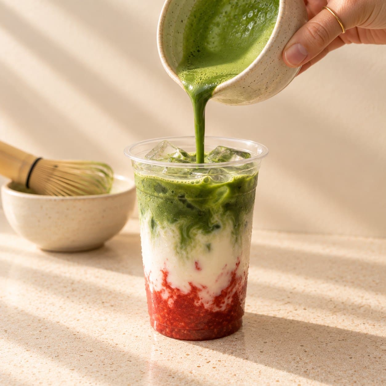Whisked matcha being poured over ice, milk and strawberry in a clear cup — a bōm dough strawberry matcha, with a bamboo whisk and bowl beside it.