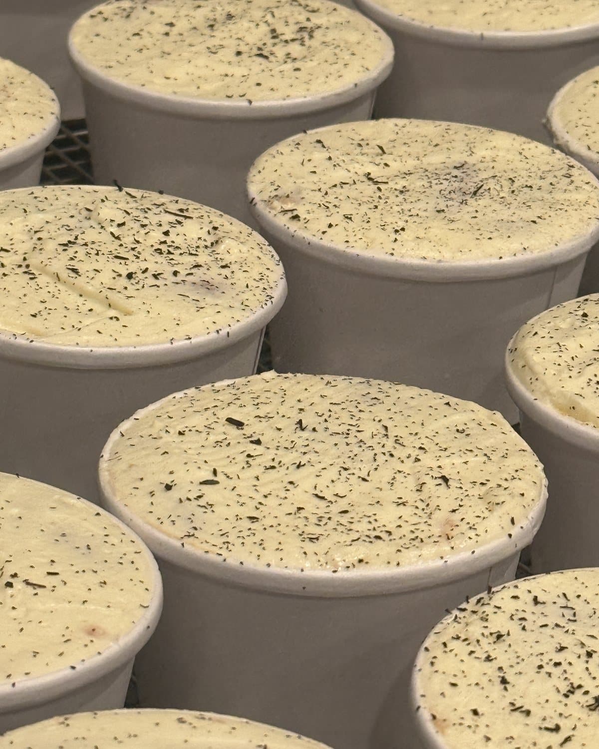 A tray of earl grey and dulce de leche tiramisu cups cooling in the bōm dough kitchen in Cambridge, MA.