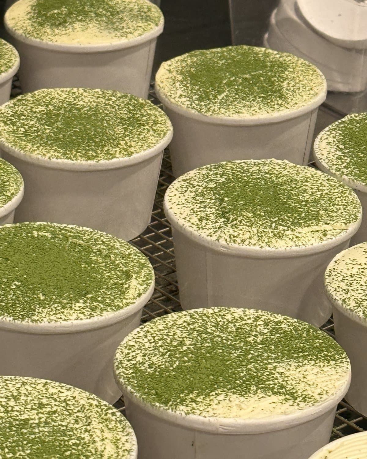 A tray of matcha tiramisu cups in the bōm dough kitchen, ready for a catering order in Cambridge, MA.