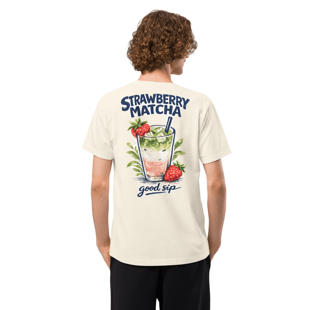 Model wearing the bōm dough Strawberry Matcha Latte oversized café graphic tee, back graphic — The Drip.