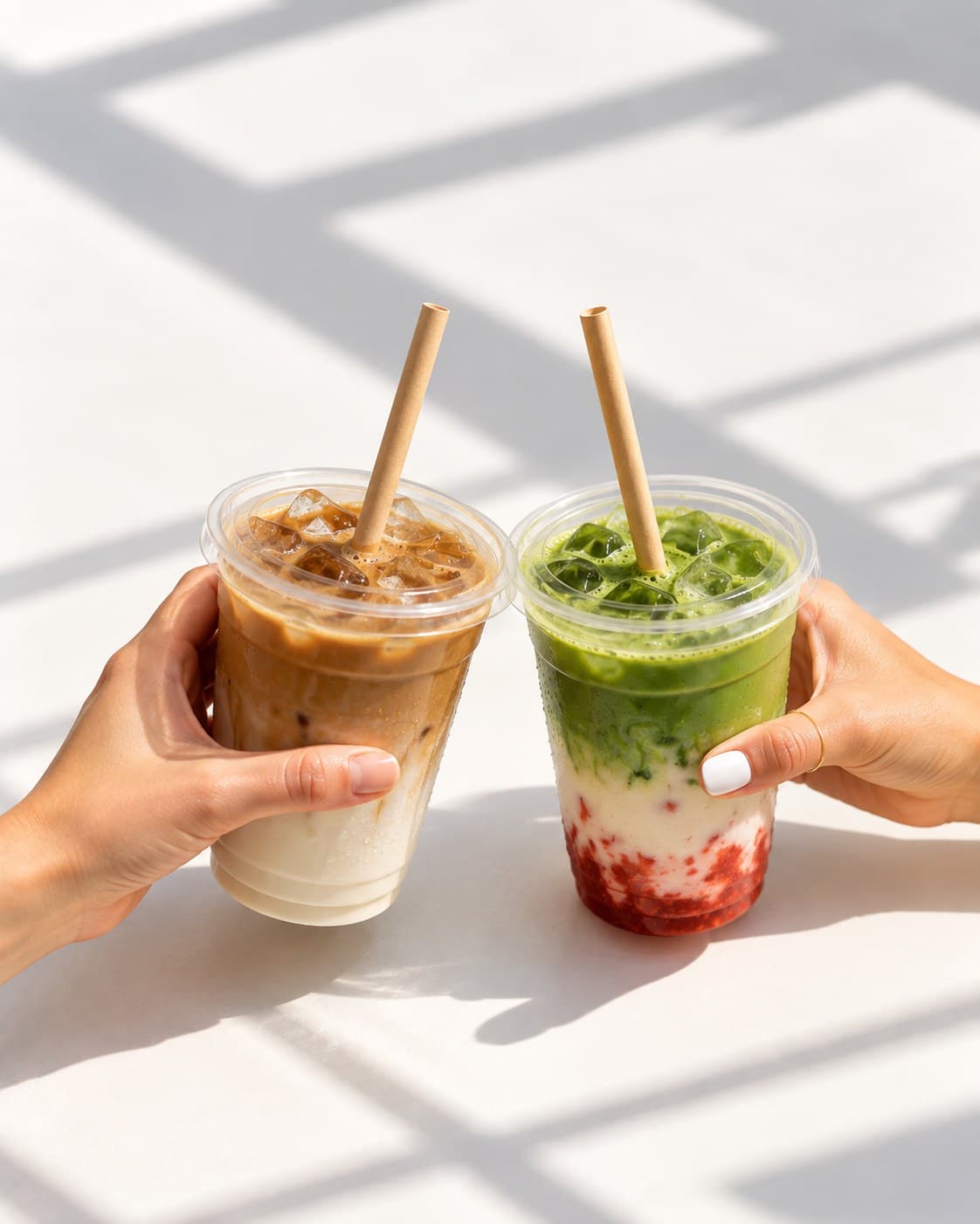 An iced latte and an iced strawberry matcha from bōm dough raised together in the sun in Cambridge, MA.