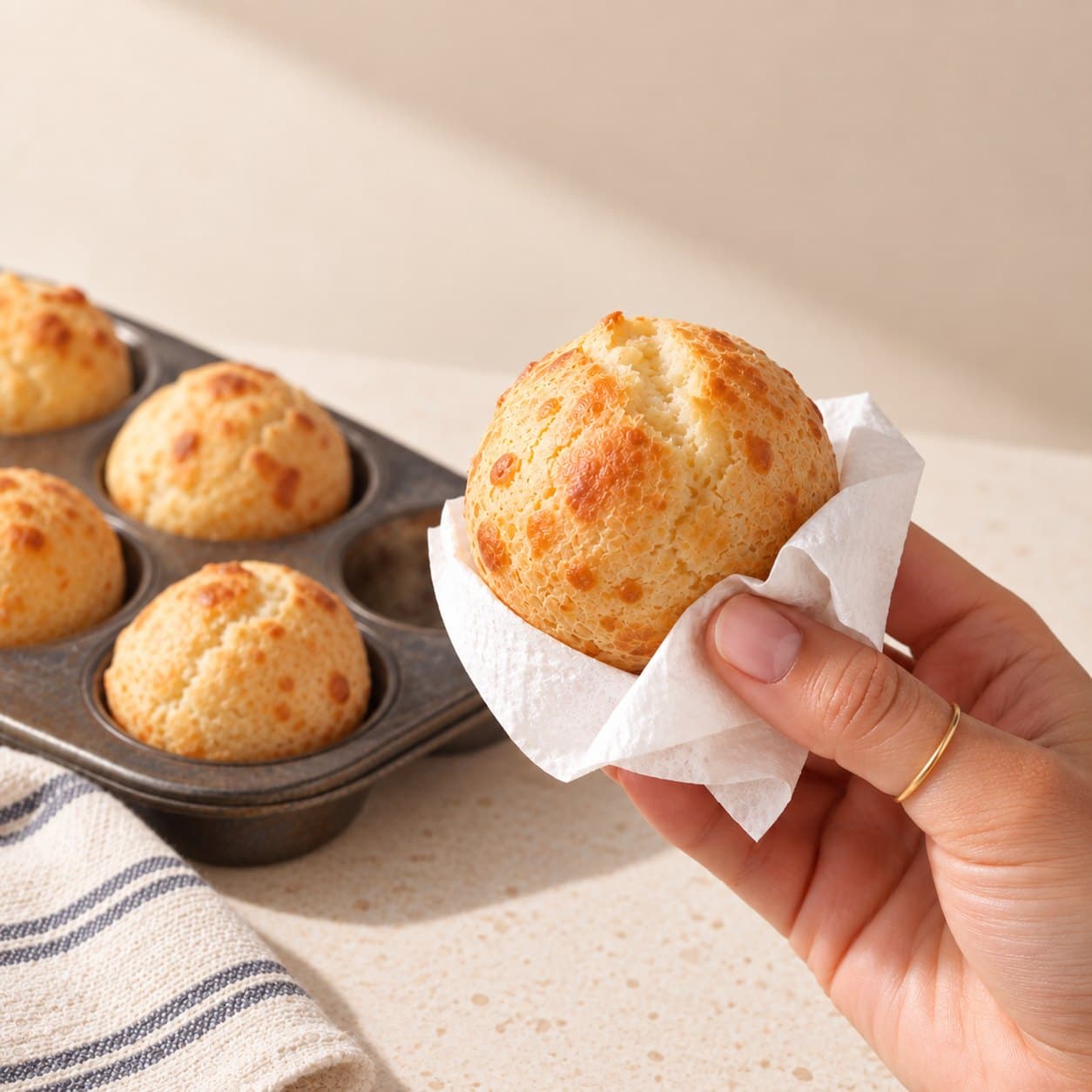 bōm dough pão de queijo — made at home from the mix A freshly baked pão de queijo held in a napkin, with the rest of the batch still in the muffin pan behind it — the result of the bōm dough Pão de Queijo Mix recipe.