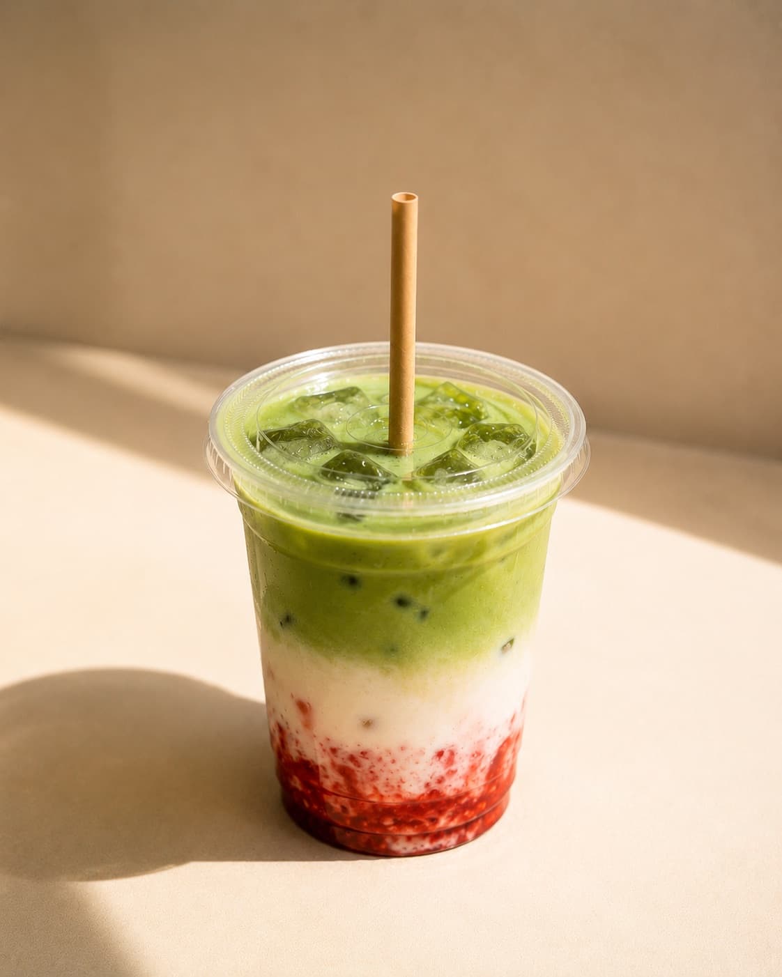 A layered iced strawberry matcha from bōm dough — strawberry, milk, and matcha, in the sun.