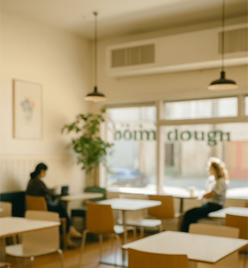 exterior view of bôm dough inman square, a neighborhood cafe near harvard university and union square.